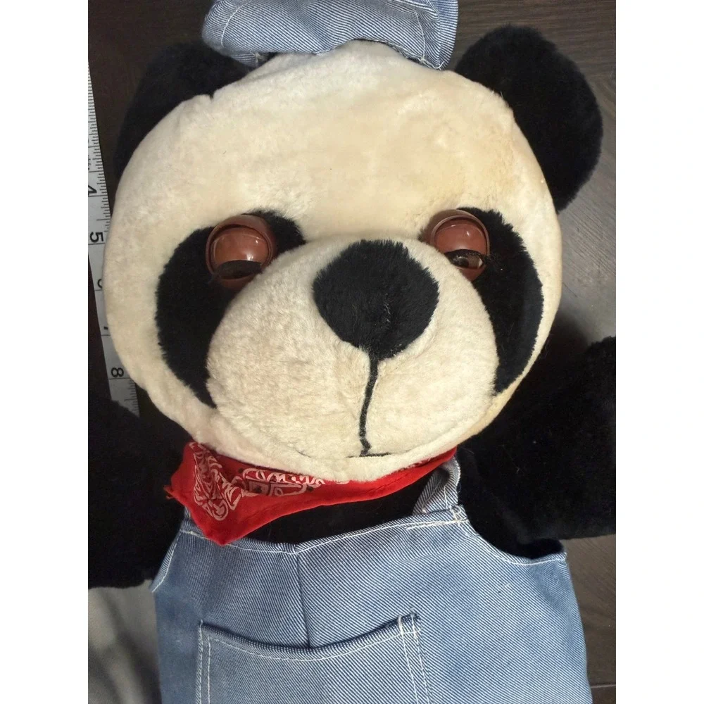 Vintage‎ Musical Panda Plush Bear in Denim Overalls Engineer Hat & Bandana 21